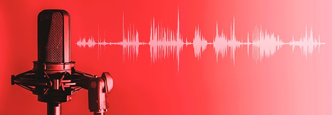 Microphone with waveform on red background, broadcasting or podcasting banner